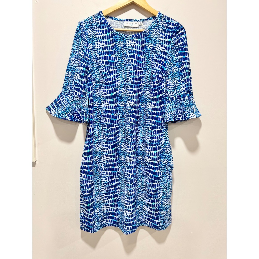 Beach House NWT Style Blue Dot Print UPF 50 Bell Sleeve Cover Up Dress